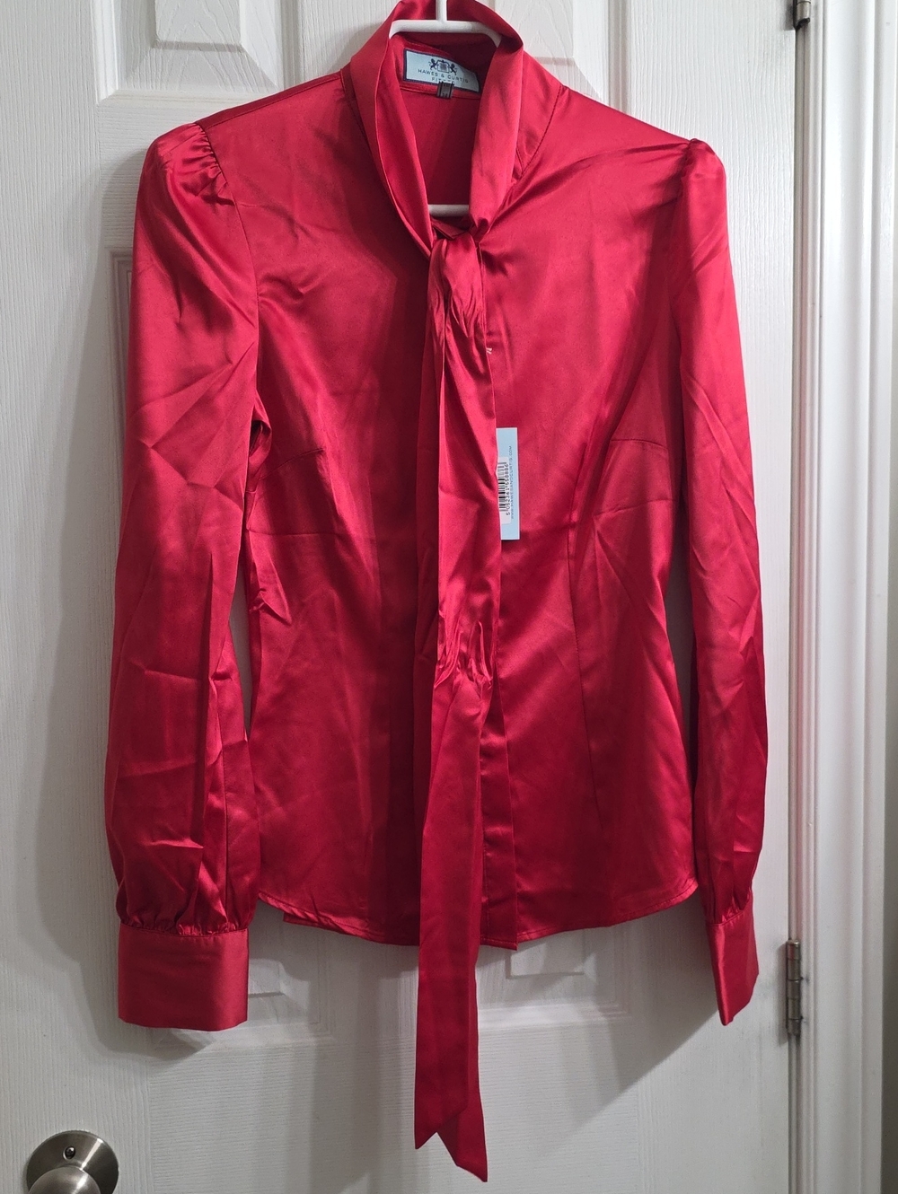 NWT  Hawes & Curtis Red Satin Tie-Neck Blouse - Size UK 8